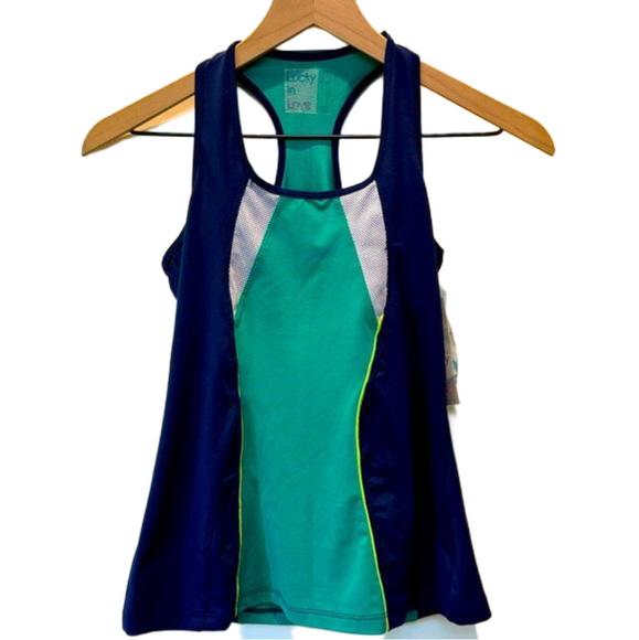 Lucky In Love Racerback Women’s Tank Top XS Blue Green White Tennis Work… - Picture 1 of 5